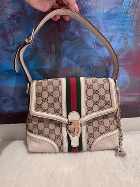 Gucci Vintage GG Canvas Web Stripe Flap Shoulder Bag — Lock & Key.